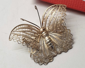 Vintage Anstecknadel Brosche Silberbrosche Schmetterling groß Silber 925 filigran SB438