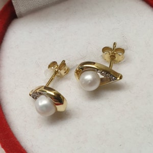 Ohrringe Ohrstecker Gold 333 Perle & Kristallsteinchen klar edel Vintage OR117