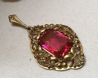 Pendant silver gold plated colored stone red shabby vintage antique art nouveau SKA1634