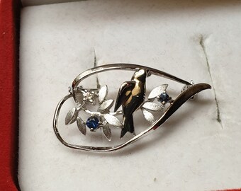 Nostalgic brooch pin floral design bird silver 925 sapphires & crystal clear vintage elegant SB488