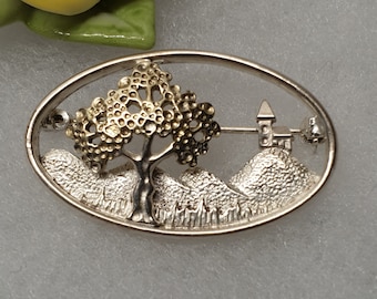 Vintage brooch pin landscape church tree silver 925 partially gold-plated silversmith rare SB145