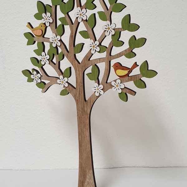 Frühling Frühlingsdeko Baum Dekobaum Holz mit Laub und Vögelchen 30x19x5,5 cm