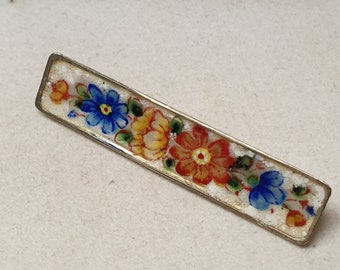 Nostalgic pin brooch silver 835 enamel painting flowers design vintage silversmith art handmade shabby vintage SB481