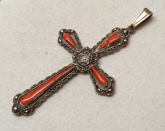 Jugendstil Anhänger Kreuz  ohne Kette Silber 800 Emaille rot Saatperle Shabby Vintage antik SKA1614