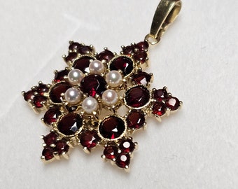 Nostalgic shabby vintage pendant gold pendant star without chain gold 585 garnet & pearls elegant rare GAN190