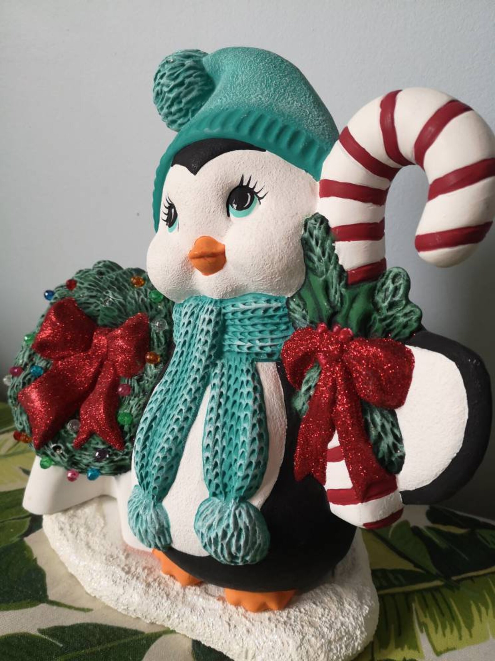 Ceramic Christmas Penguin with Light Up Wreath and Turquoise Etsy