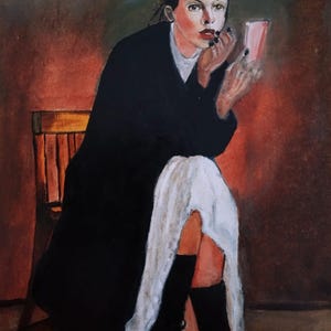 Pintura al óleo de mujer en una silla, Obra original, Arte mural femenino, Tonos cálidos