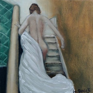 Pintura a óleo. Original e único. Mulher nua subindo escadas em uma casa.