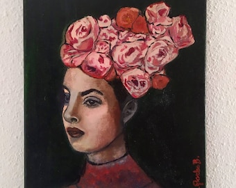 Oil painting. Original and unique. Portrait of woman with flower hat.