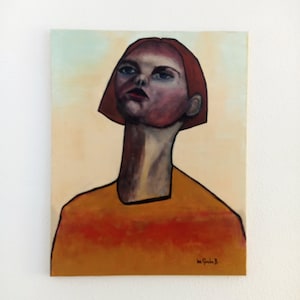 May include: A painting of a person with short, red hair wearing a yellow shirt. The person is looking up and has a serious expression on their face.