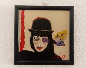 Oil Painting. Original and unique. Portrait of a girl in black, with black hat. Surrealism.