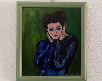 Oil painting. Portrait of a woman with her hands on her face. Original and unique.