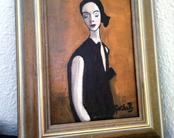 Figurative oil portrait painting: standing woman, with eyes closed and black bruise. White complexion.Framed. Original and unique. To decorate.