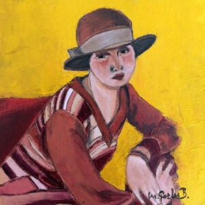 Oil painting. Original and unique. Portrait of a woman with a hat. Original.