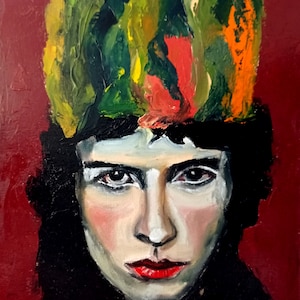 Oil painting. Original and unique. Young man with a feathered hat.