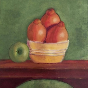 Pittura a olio. Originale e unico. Natura morta di frutta. Inquadratura. Mele, pesche, arance.