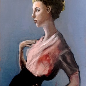 Oil painting. Figurative portrait of an attractive blonde woman.
