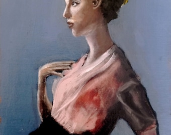 Oil painting. Figurative portrait of an attractive blonde woman.
