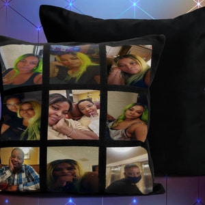 May include: A black and white photo collage pillow featuring a variety of images of people, including a group of women, a couple, and a single woman. The pillow is made of a soft, comfortable fabric and is perfect for adding a personal touch to any room.