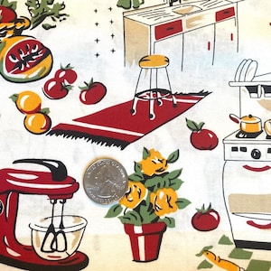 May include: A white fabric with a colorful kitchen theme print. The print features a red stand mixer, a red and white stove, a red rug, a yellow potted plant, and various fruits and vegetables.