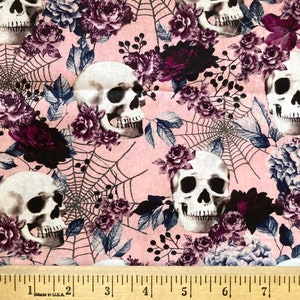 SKULL, Skulls ~ 100% Cotton PINK/Black Floral Fabric, Halloween ~ FQ, 1/2 yd or Yard