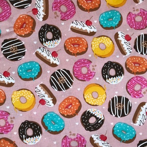 Donut, Doughnuts Fabric, on Dusty Pink Background ~ 100% Cotton  ~ Fat Quarter /Half or Full Yard