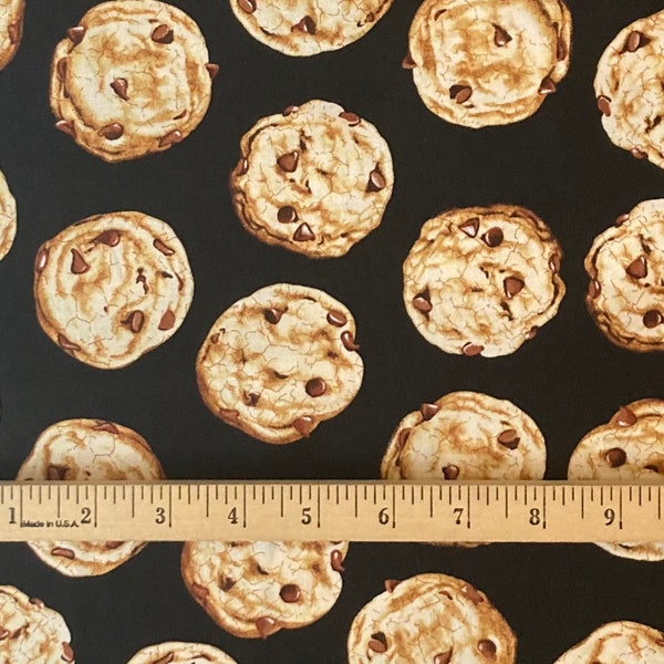 Chocolate Chip COOKIE, Cookies on Black Background ~ 100% Cotton ~ by the 1/2 or Full Yard ~ Timeless Treasures