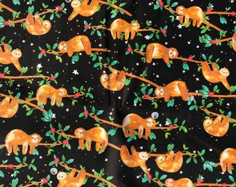 Sloths, SLOTH Fabric, Black Background - 100% Cotton, for Quilting and Crafts - FQ or 1/2 Yard