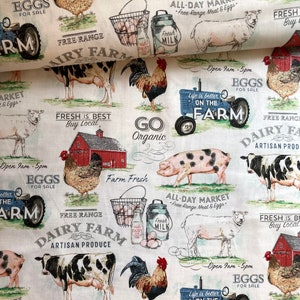Country Dairy Farm, Organic, Pig, Cow, Free Range Eggs Fabric ~ Cotton ~ Half Yard, Yard