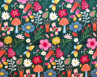 Butterflies & Mushrooms Floral Fabric ~ 100% Cotton ~ Spring and Summer Flowers, Folk Art, Butterfly and Mushroom Print