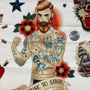 REFUSE To SINK, Lucky, Alexander Henry Cotton Fabric, Mom, Tattoo, Naval Print - FQ, 1/2 yd or Yard