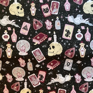 Skull, Tarot, Skulls ~ 100% Cotton PINK MAGIC Black Fabric, Halloween ~ FQ, 1/2 yd or Yard