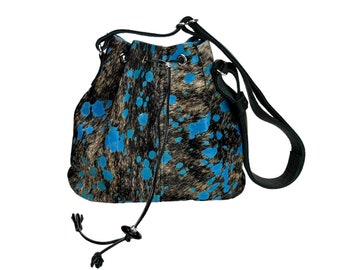 Blue Acid Wash Cowhide Drawstring Handbag, Leather Drawstring Crossbody