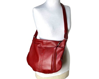 Red Leather Hobo Bag, Red embossed Leather Crossbody