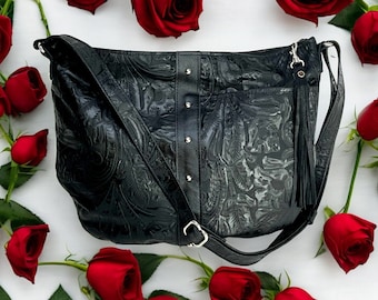 Black Embossed Leather Hobo Bag, Black leather Handbag