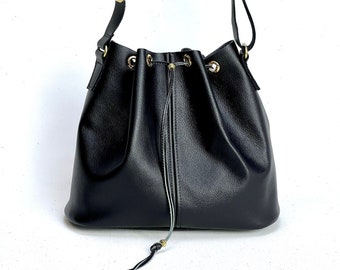 Black Pebbled Leather Drawstring Handbag with Gold Hardware, Adjustable strap, Black leather Cinch Handbag