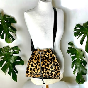 Leopard Cowhide Drawstring Handbag, Cowhide leather Crossbody Bag