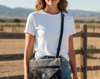Cowhide Fringed Crossbody Bag: Spotted Cowhide and Black Leather, Adjustable Strap