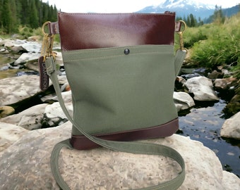 Green Canvas and Leather Crossbody, Canvas Hiking Bag