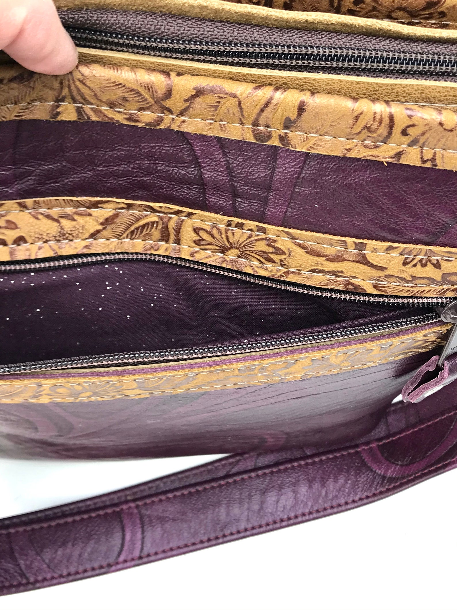 Purple Acid Wash Cowhide and Tan Leather Bucket bag Embossed | Etsy