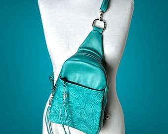 Turquoise Leather Sling Bag, Blue Leather Backpack