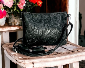 Black Crossbody, Embossed Black Leather Clutch