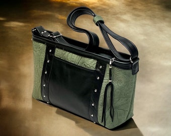 Moss Green Embossed and Black Leather Handbag, Green Leather Crossbody Bag