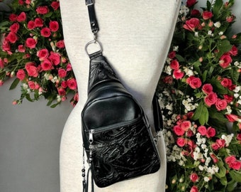 Black Leather Sling Bag, Black Embossed Leather Backpack, Travel Sling Bag with Adjustable Straps