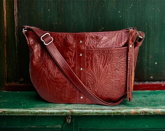 Burgundy Leather Handbag, Floral Leather Hobo Bag