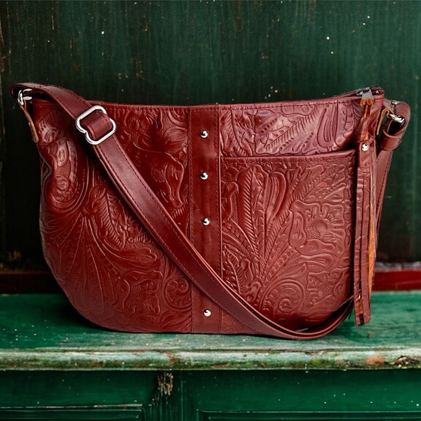 Burgundy Leather Handbag, Floral Leather Hobo Bag