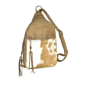 Cowhide Backpack, Tan Leather Large Sling Bag zdjęcie 4