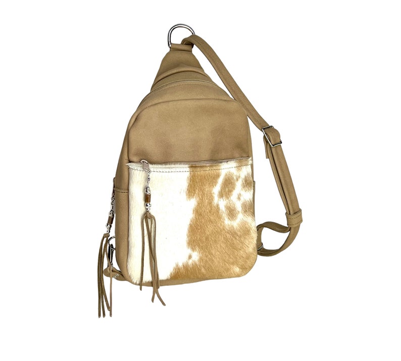 Cowhide Backpack, Tan Leather Large Sling Bag zdjęcie 4