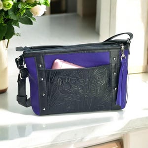 Purple Leather Crossbody Handbag: Embossed Floral Pocket