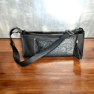 Silver-Gray Leather Handbag, Gray Long Thin Crossbody